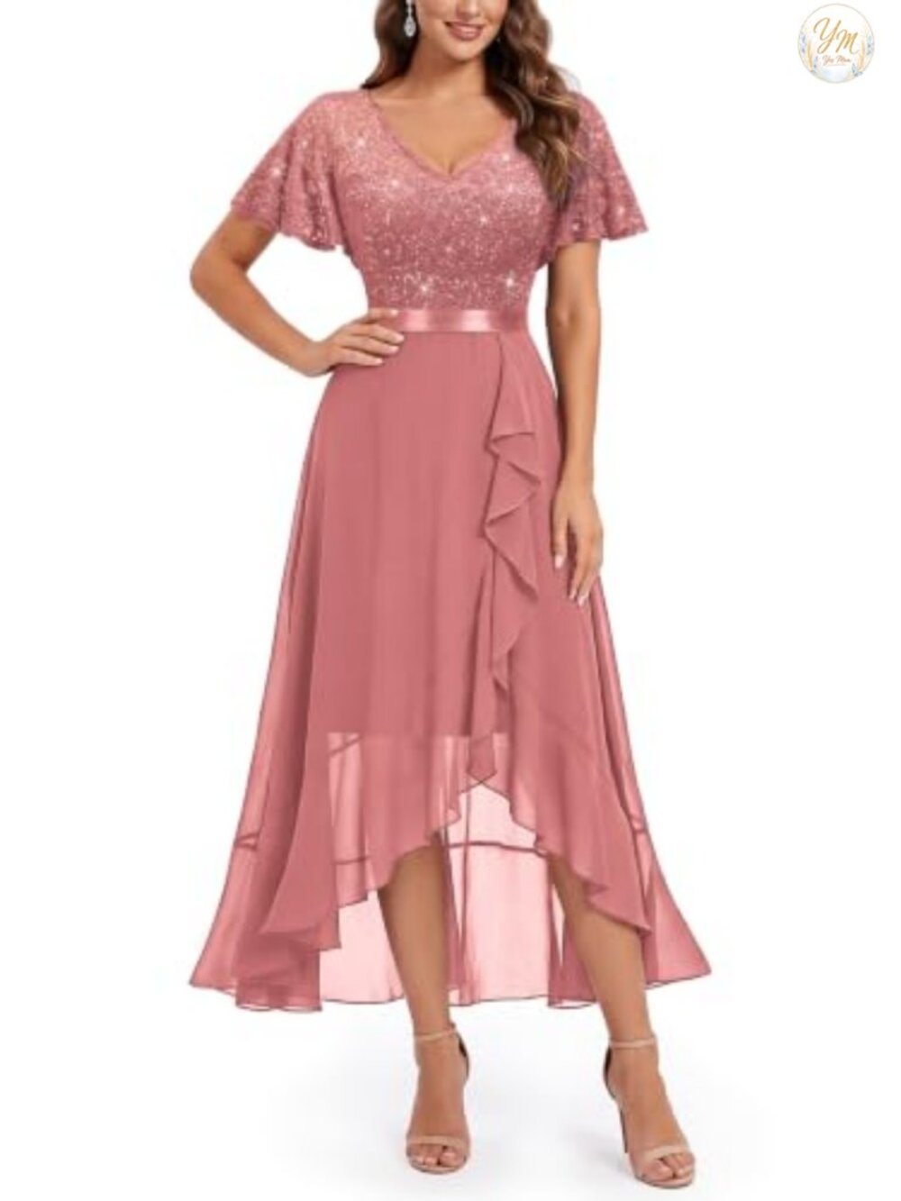 Miusol Women's V-Neck Butterfly Sleeve Sequined Lace Wedding Dress